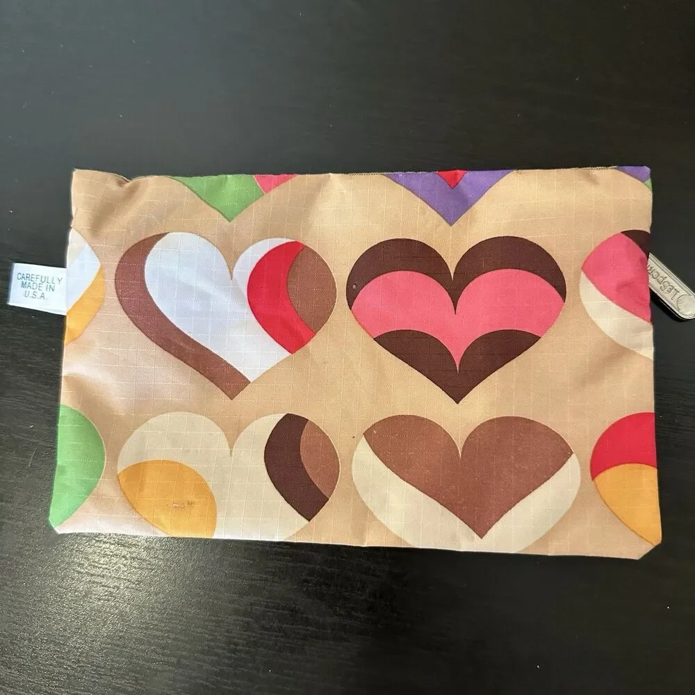 LeSportSac Cosmetic Pouch Wallet‎ Bag Tan W/ Multi Colored Hearts